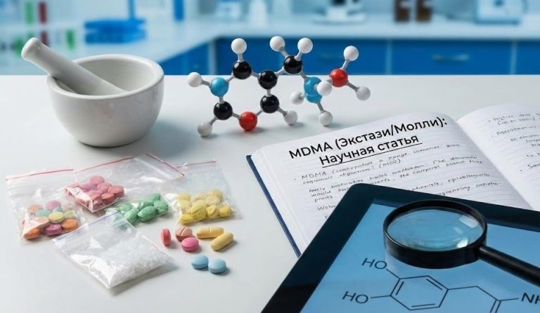 Таблетки экстази, порошок молли и модель молекулы МДМА на лабораторном столе
