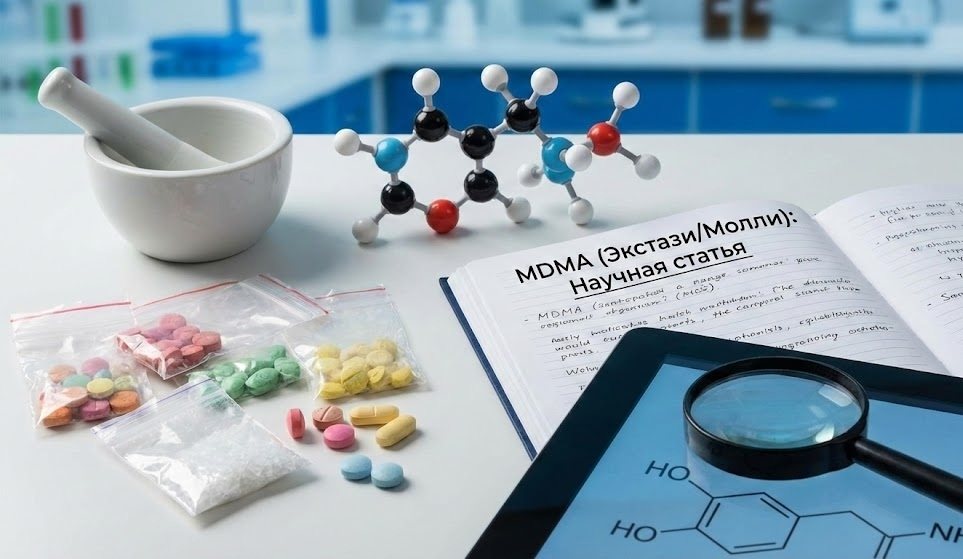 Таблетки экстази, порошок молли и модель молекулы МДМА на лабораторном столе