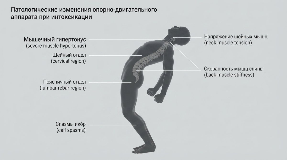 Схема мышечного гипертонуса при интоксикации: напряжение шейных мышц, скованность мышц спины, спазмы икроножных мышц