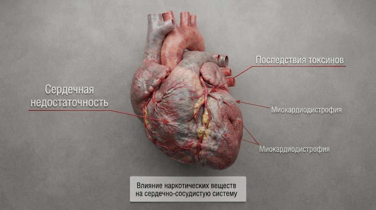 Анатомическая схема поражения сердца при употреблении наркотиков: миокардиодистрофия и сердечная недостаточность
