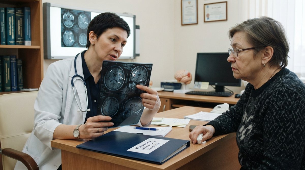 Врач показывает пациентке МРТ-снимки головного мозга с очаговыми изменениями