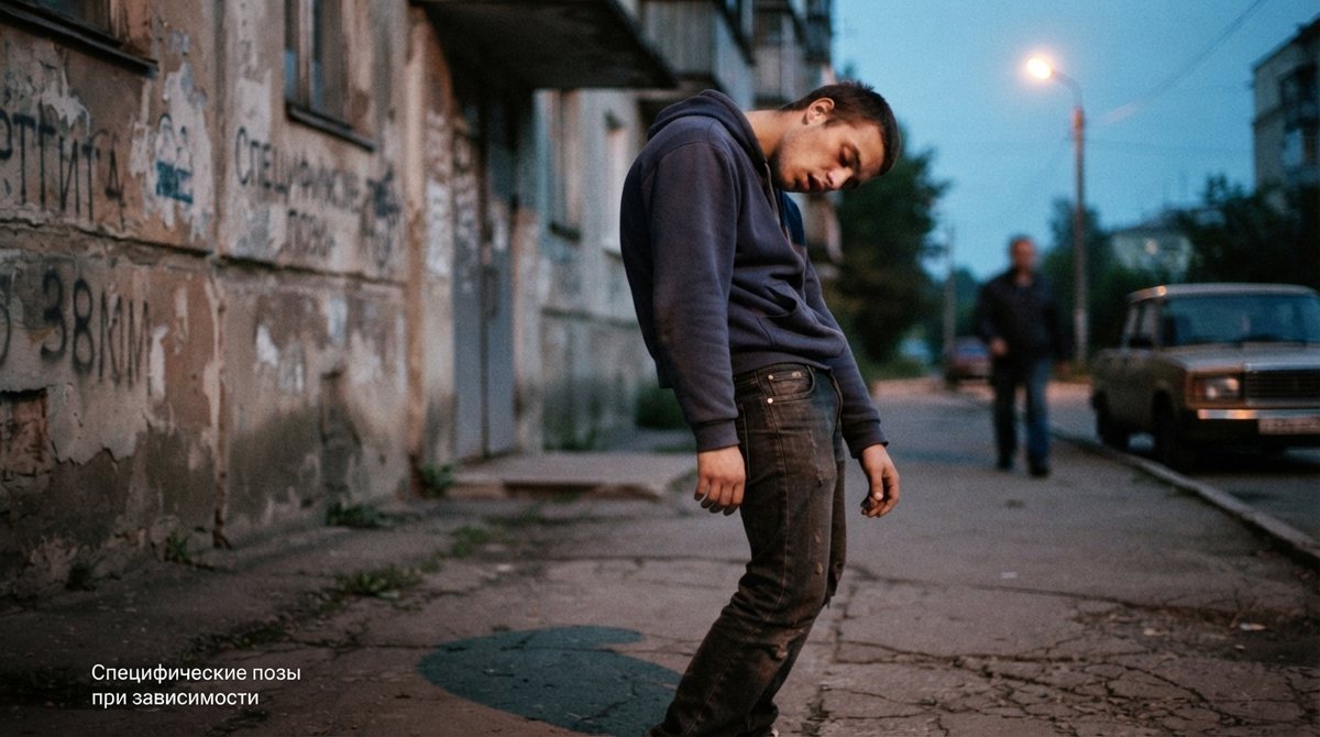 Молодой человек с опущенной головой и согнутой спиной стоит во дворе в состоянии наркотического опьянения
