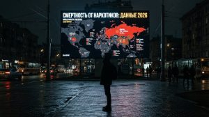 Городской экран с картой мира и данными о смертности от наркотиков
