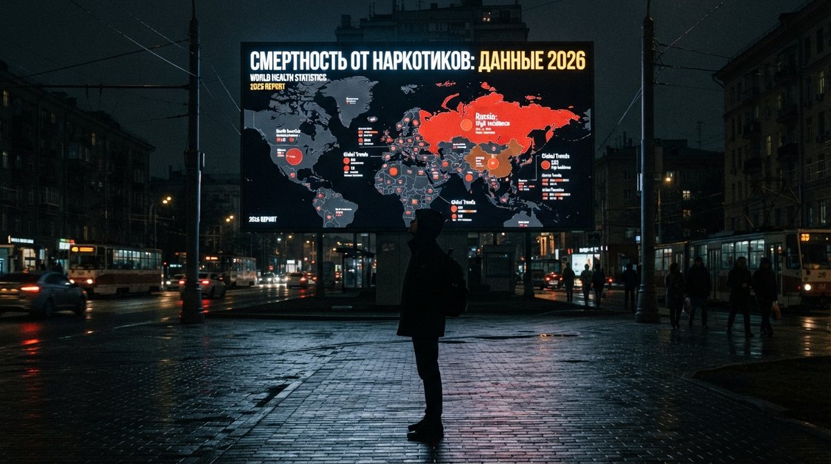 Городской экран с картой мира и данными о смертности от наркотиков
