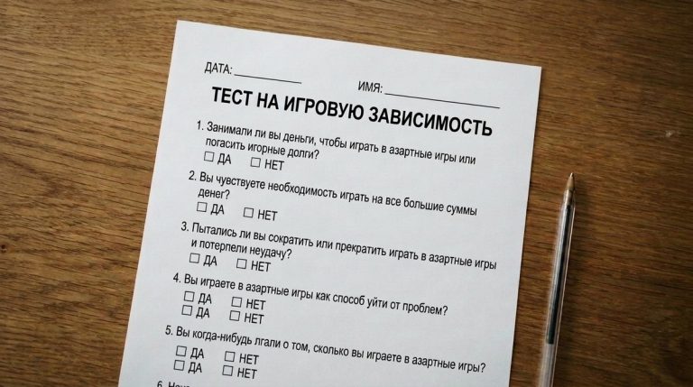 Бланк теста на игровую зависимость с вопросами о долгах и попытках прекратить играть