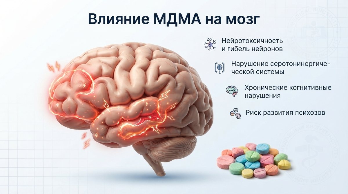 Схема влияния МДМА на мозг: нейротоксичность, нарушение серотонинергической системы, когнитивные нарушения, риск психоза