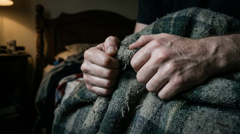 Руки человека, вцепившиеся в старое одеяло во время ломки от соли