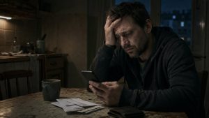 Мужчина ночью на кухне смотрит в телефон, рядом на столе счета и кошелёк
