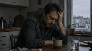 Мужчина утром сидит на кухне, держась за голову, перед ним кружка и стакан воды: подавленное настроение на следующий день после выпивки