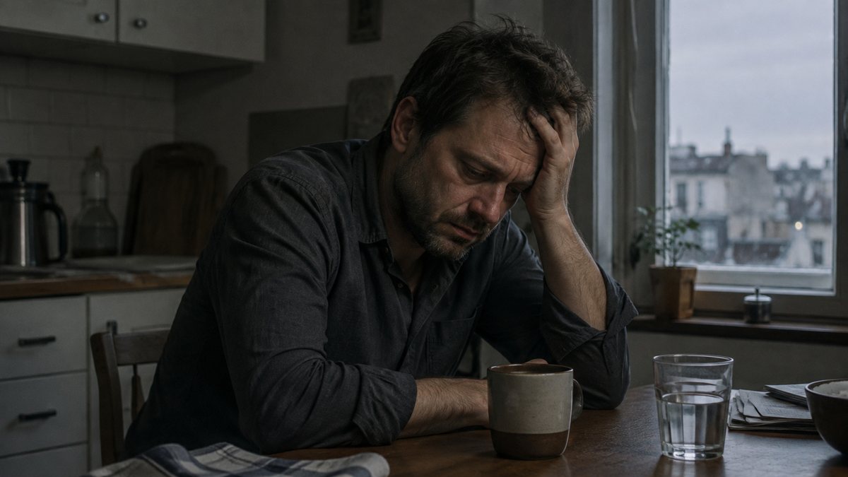 Мужчина утром сидит на кухне, держась за голову, перед ним кружка и стакан воды: подавленное настроение на следующий день после выпивки