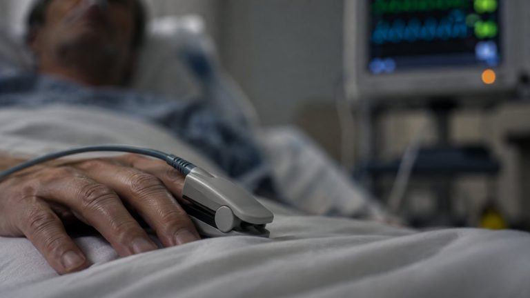 Пульсоксиметр на пальце пациента, лежащего в больничной палате, на фоне монитора